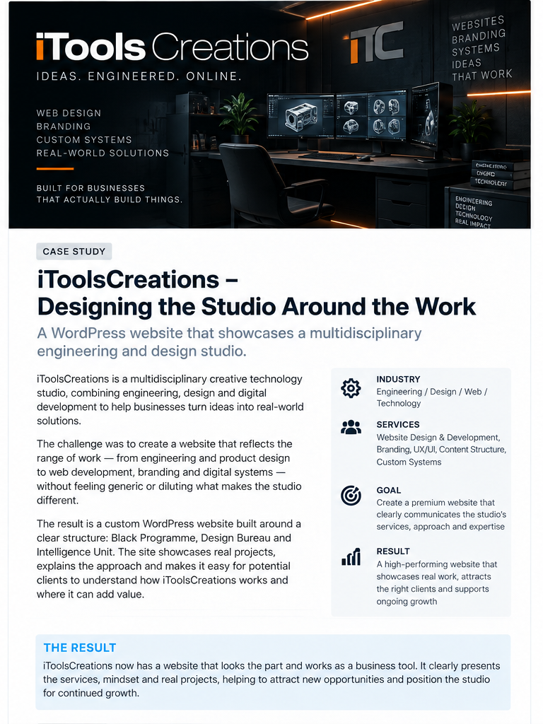 iToolsCreations case study showing a dark creative technology studio website with branding, digital systems and case-study architecture.