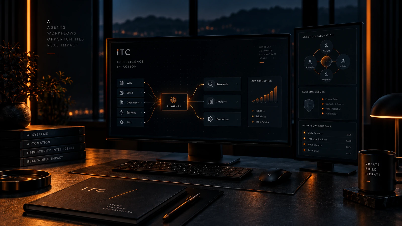 Premium iToolsCreations intelligence command centre visual representing private AI tools, workflow systems and controlled agent collaboration.