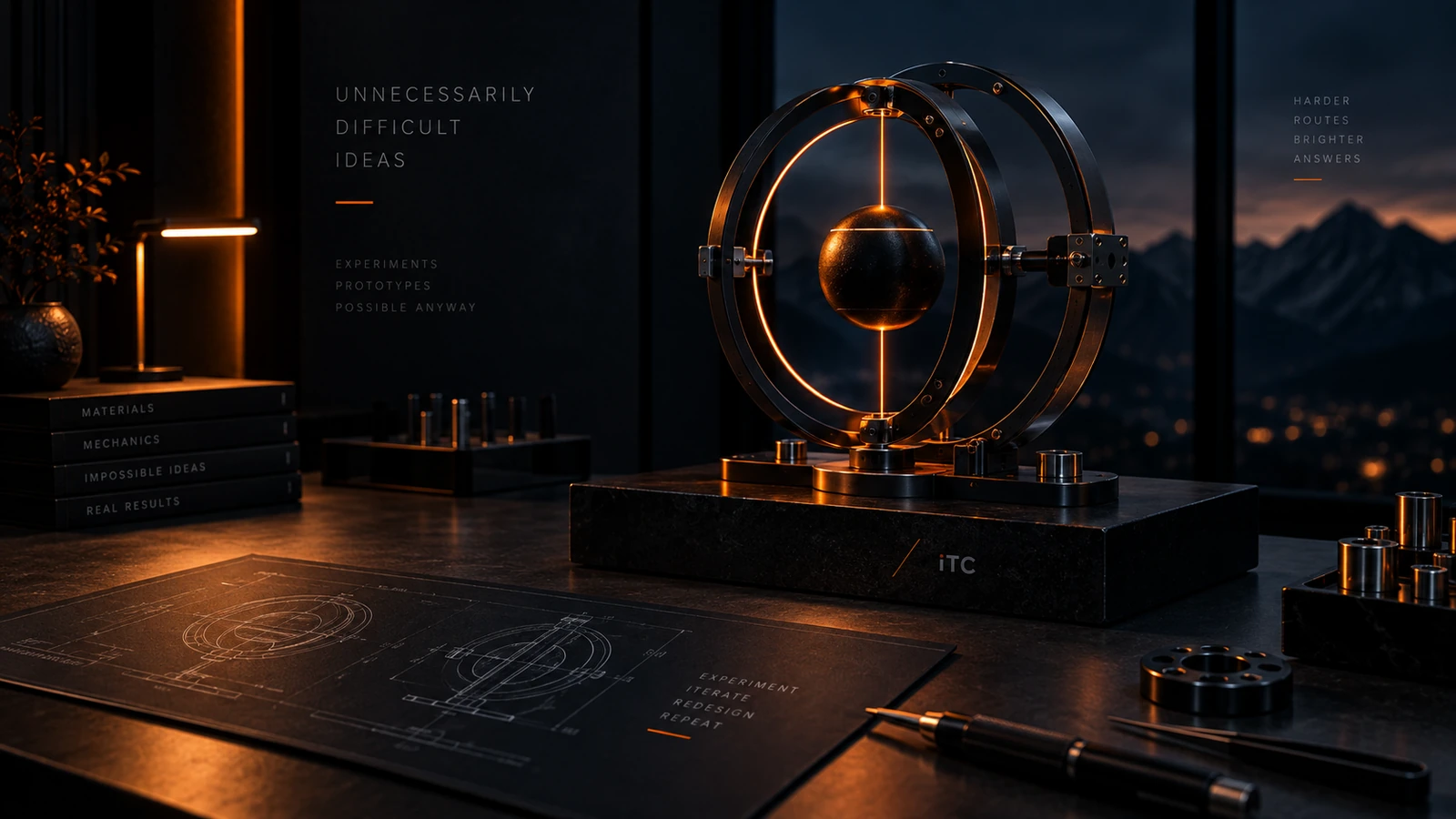 Premium experimental prototype visual featuring a precision mechanical gyroscope, representing ideas that deliberately take the difficult route.