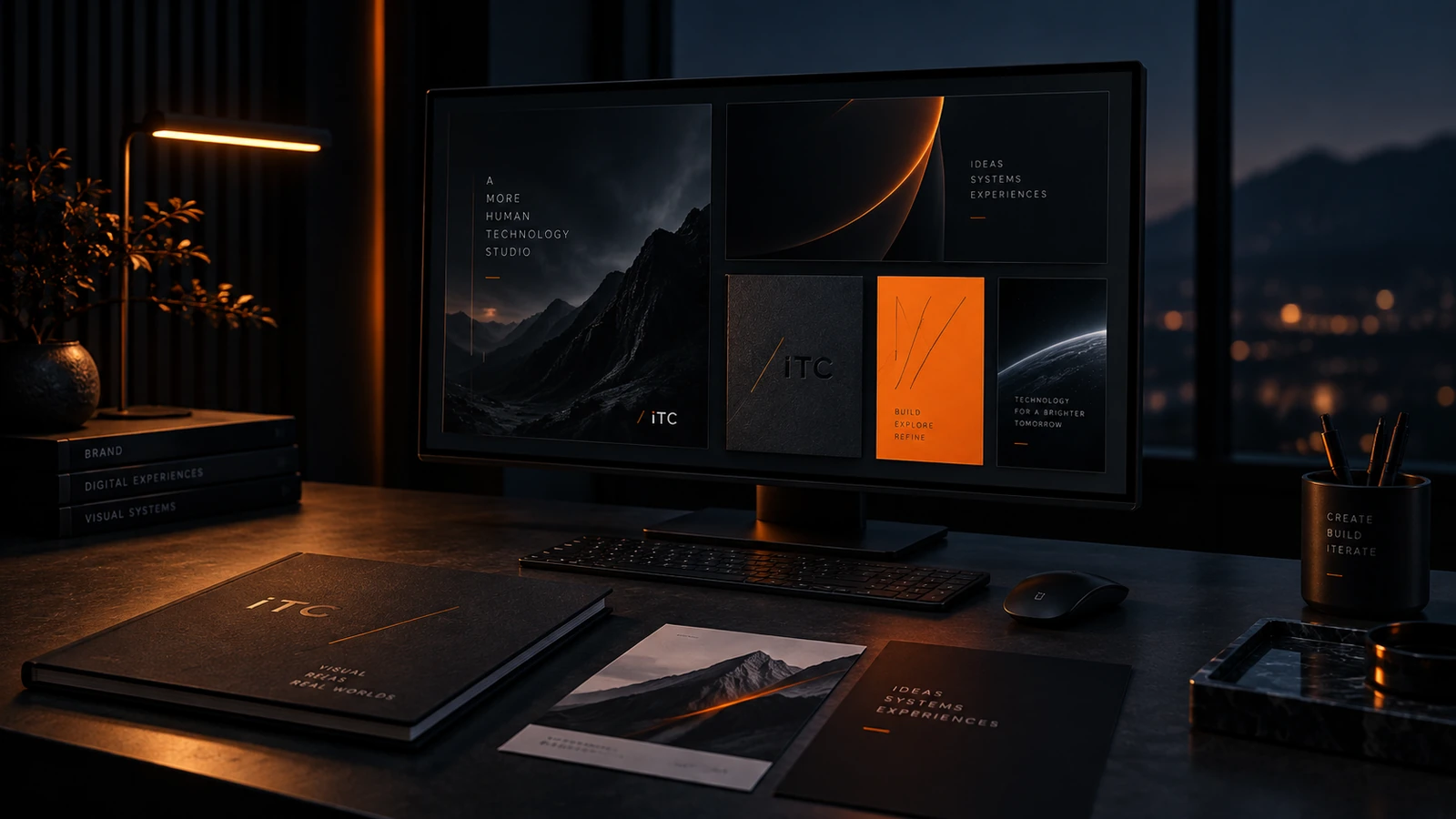 Premium iToolsCreations visual systems studio scene representing art direction, interfaces, media and connected visual experiences.