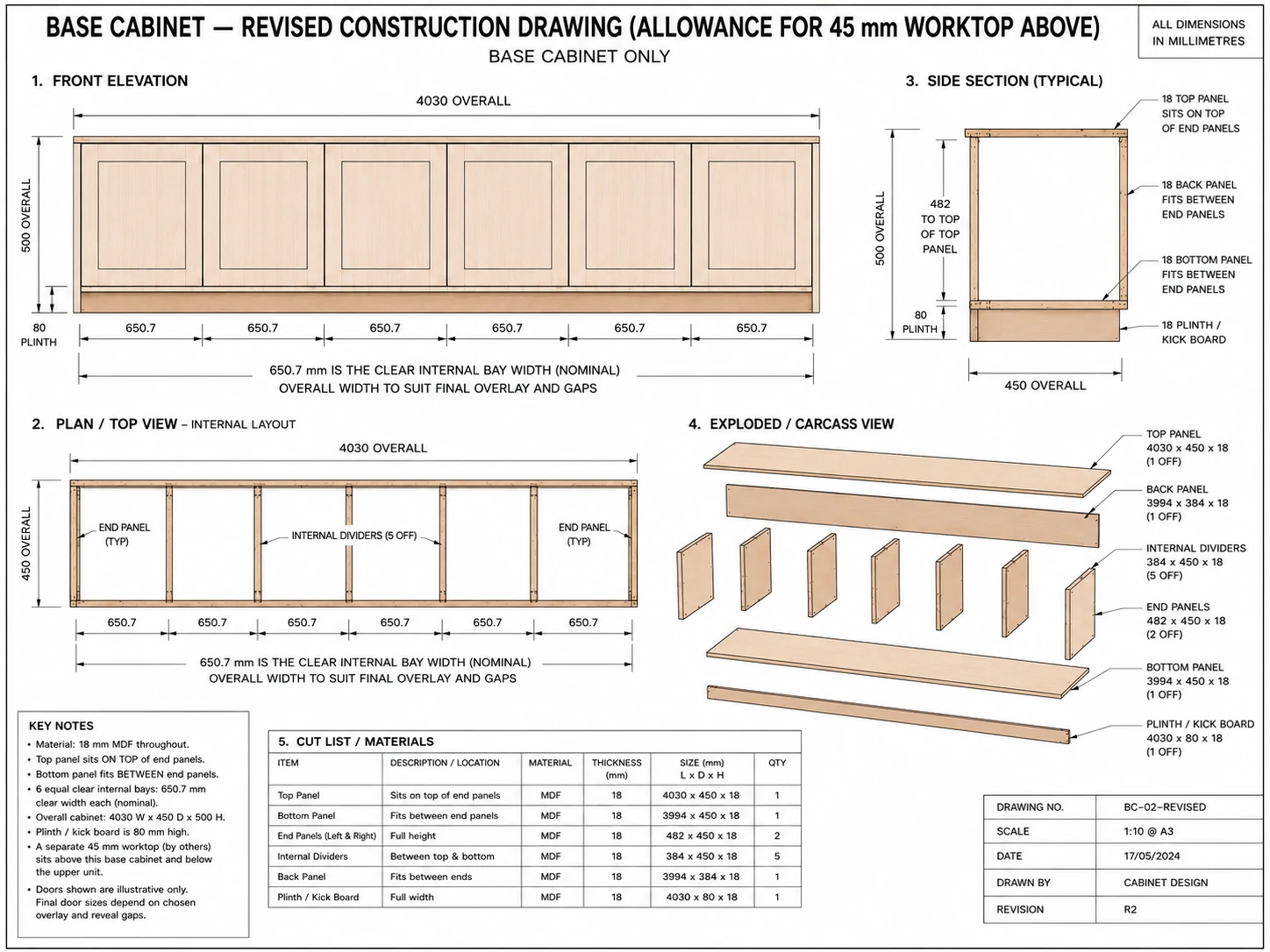 Base cabinet technical construction drawing
