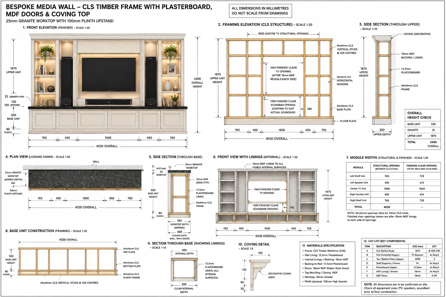 Bespoke media wall technical drawing and construction specification