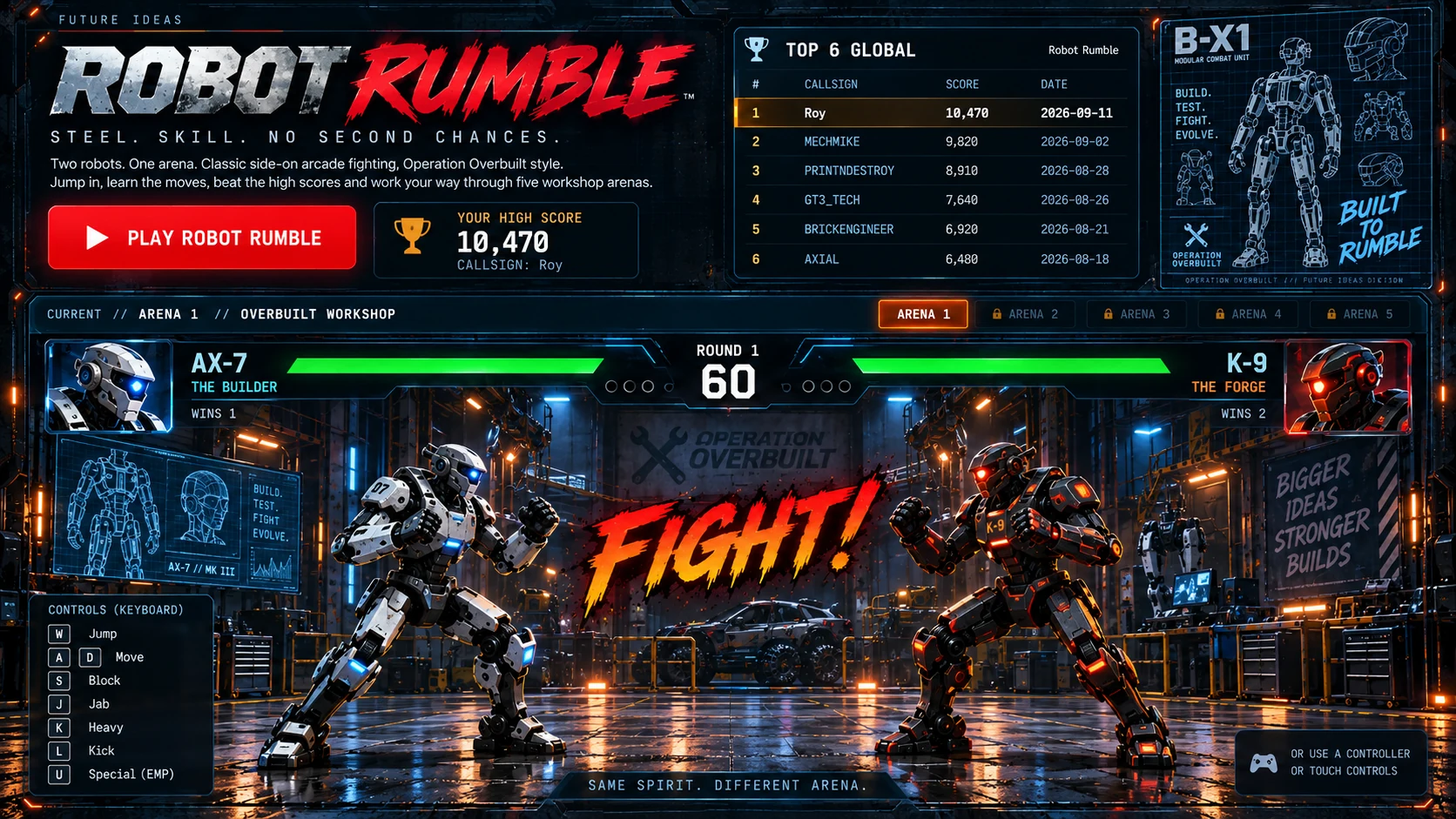 Robot Rumble browser game and interactive interface